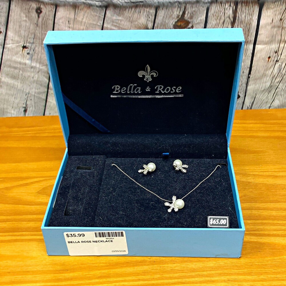 Bella & Rose Faux Pearl Rhinestone Necklace & Earrings Jewelry Set Silver/White